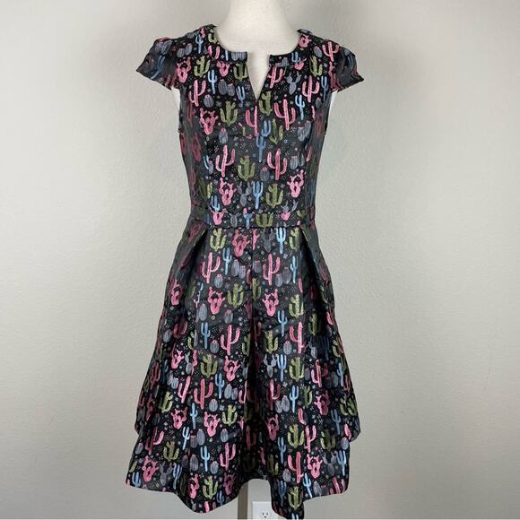 Modcloth Black Cactus Print Fit & Flare Novelty Dress 6 - Picture 2 of 8
